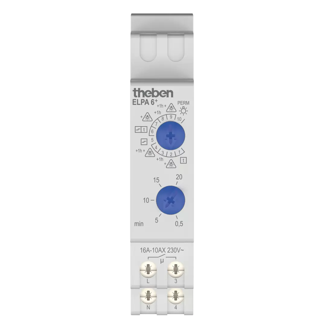 Rail-mounted staircase light timer (TLZ) with 10 functions and switch-off warning
