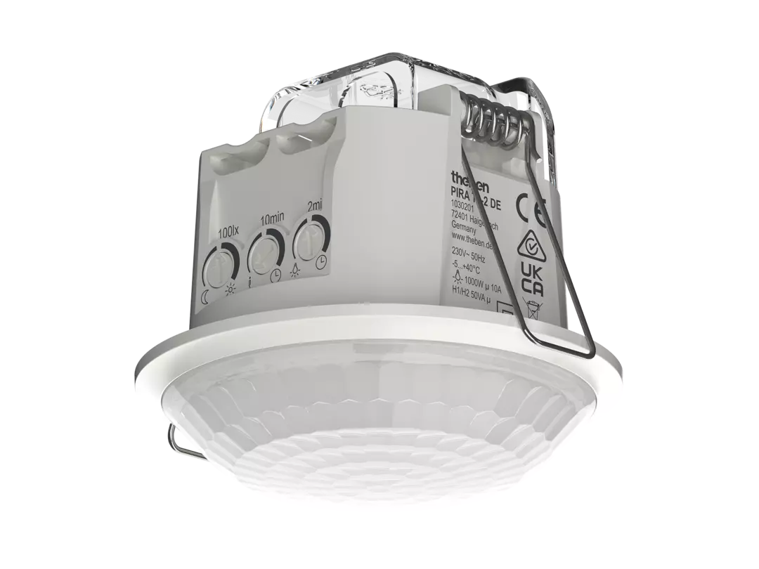 Motion detector DE ceiling mounting, round detection range, transverse 8 m, seated 3 m, 1 channel light, 1 channel presence