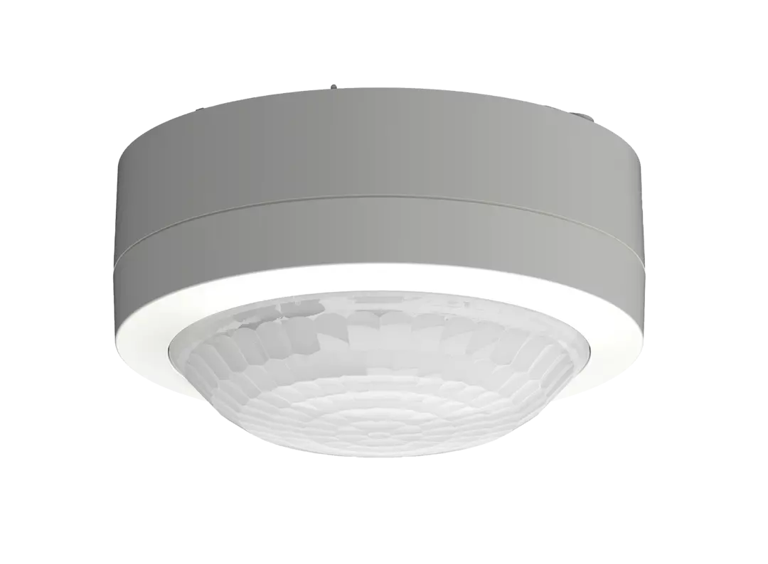 Motion detector for surface-mounted ceiling installation, round detection range, transverse 8 m, seated 3 m, 1 channel light