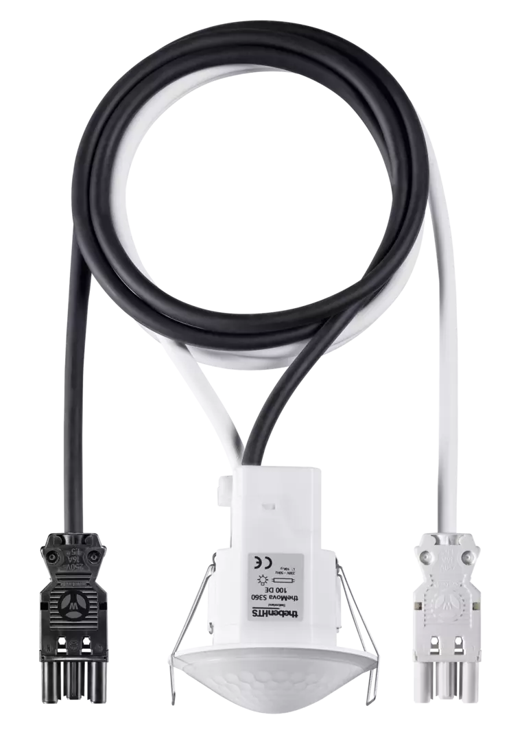 Motion detector (PIR), with cable and Wieland GST18 plugs, detection range 8 m, 1 x light