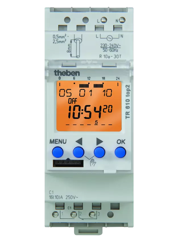 Series-mounted digital timer, 1 channel, 7 days, text line, plug-in, 2 TE