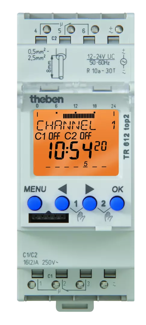 Series-mounted digital time switch, 2 channels, 7 days, text line, plug-in, 2 TE