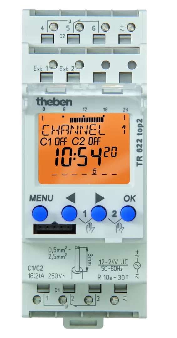 Series-mounted digital time switch, 2 channels, 7 days, text line, plug-in, 2 TE