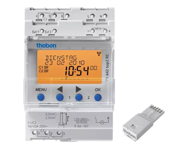 Series-mounted annual time switch, 2 channels, expandable and RC-compatible