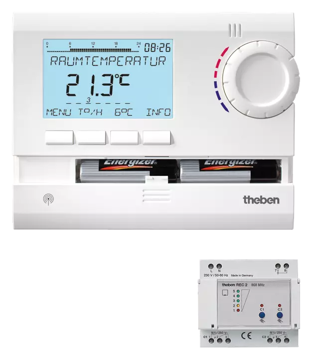 Clock thermostat with radio control, 7 days, 2-zone control